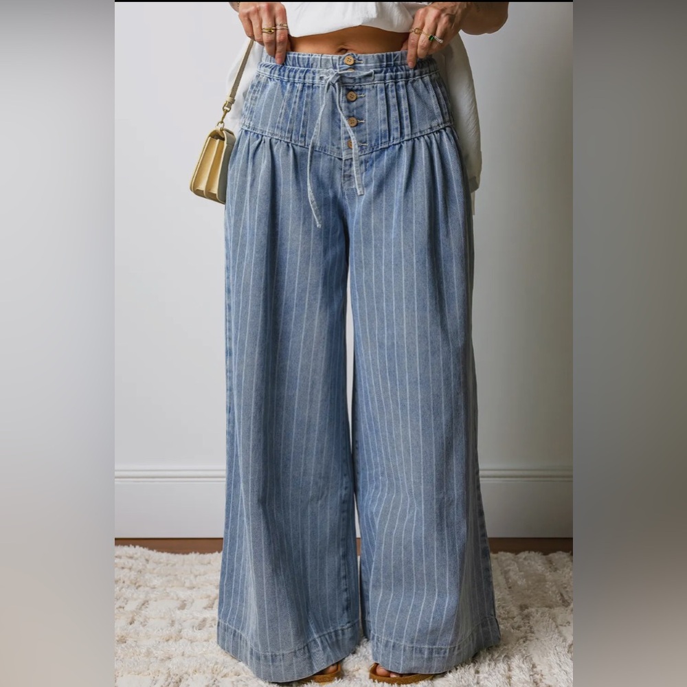 Blue Striped Wide-Leg Jeans